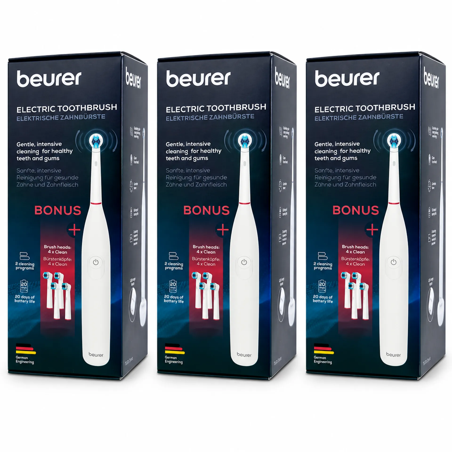 3er Pack - Beurer TB 30X Onpack Elektrische Akku Zahnbürste inkl. 4 Bürstenköpfe
