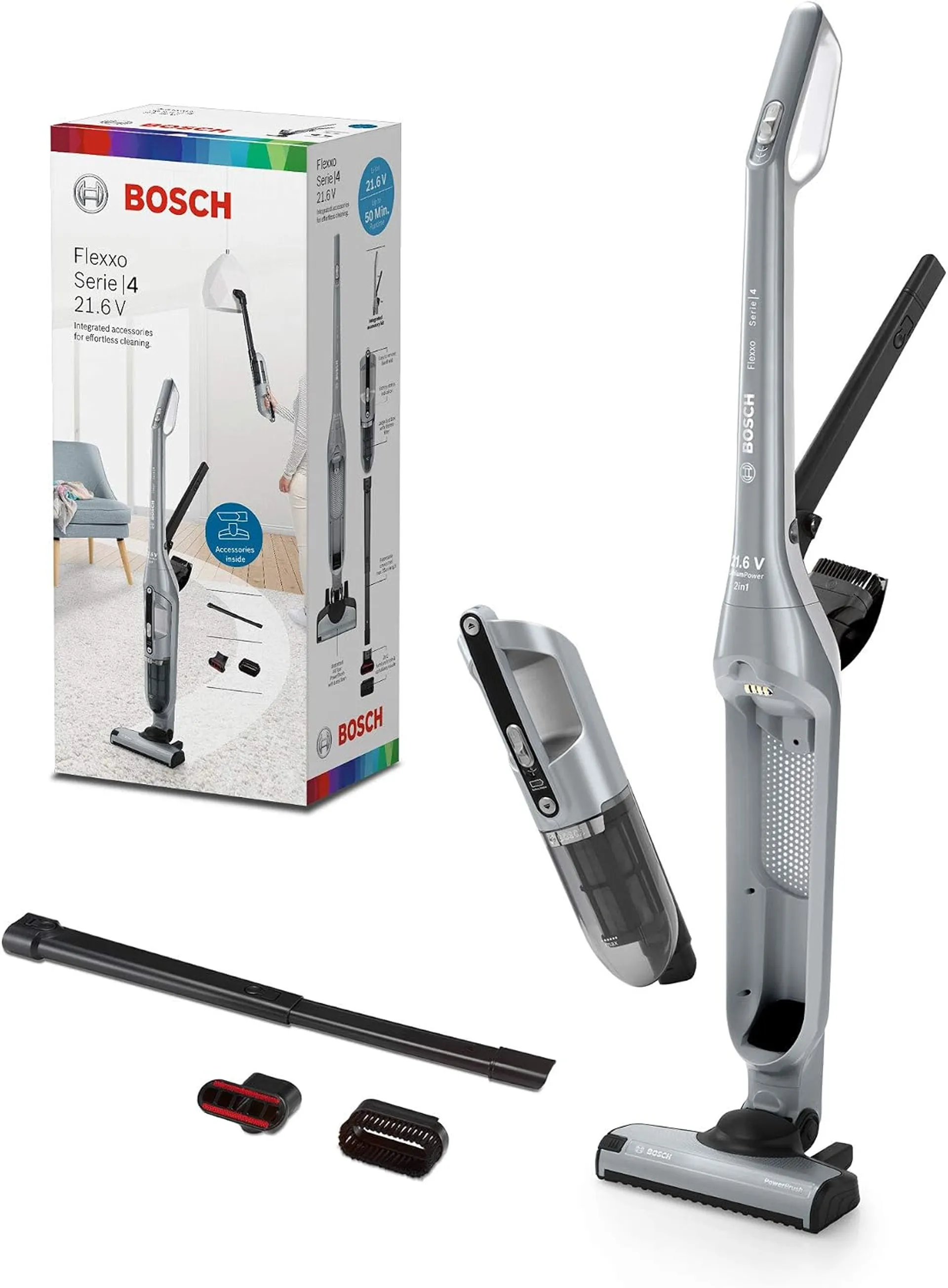 Bosch Flexxo BCH3P210 Akku Hand- und Stiel-Staubsauger beutellos silber
